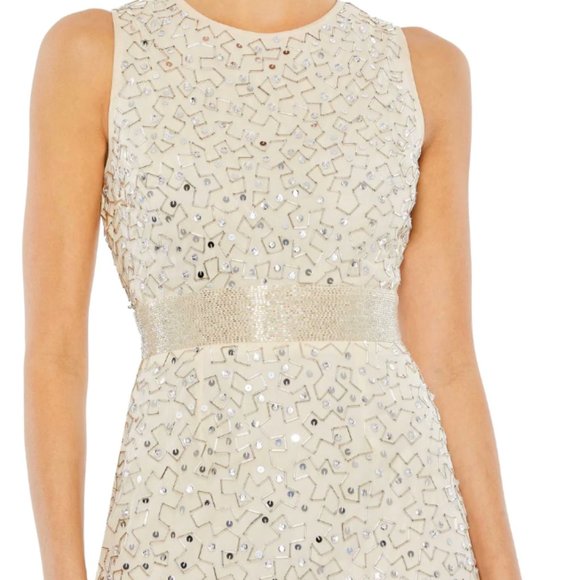 MAC DUGGAL GEOMETRIC EMBELLISHED SLEEVELESS A-LINE NUDE SILVER DRESS sz 8 - Picture 4 of 6